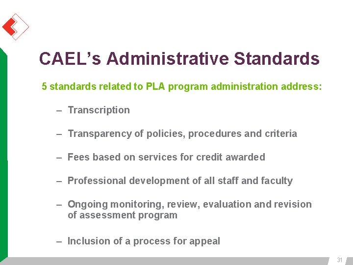CAEL’s Administrative Standards 5 standards related to PLA program administration address: – Transcription – CAEL’s Administrative Standards 5 standards related to PLA program administration address: – Transcription –