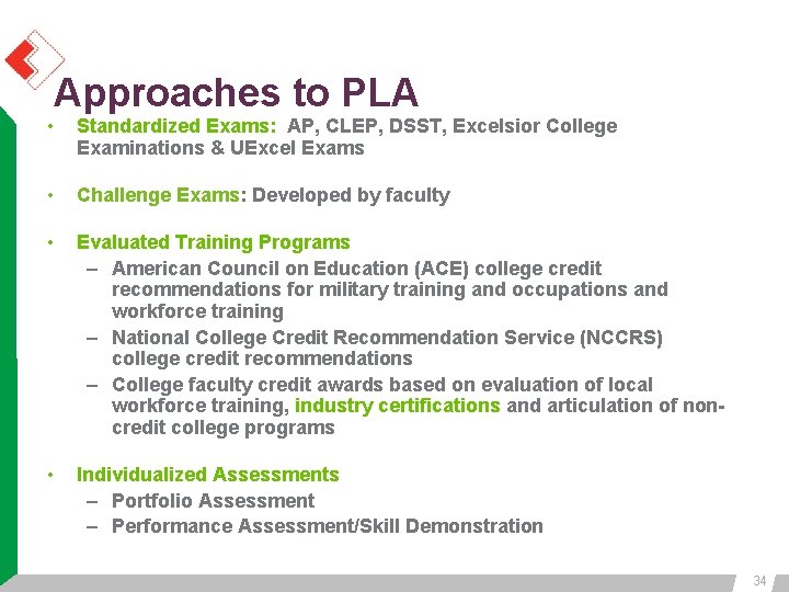 Approaches to PLA • Standardized Exams: AP, CLEP, DSST, Excelsior College Examinations & UExcel Approaches to PLA • Standardized Exams: AP, CLEP, DSST, Excelsior College Examinations & UExcel
