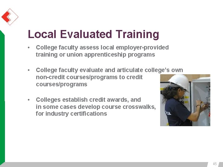 Local Evaluated Training • College faculty assess local employer-provided training or union apprenticeship programs Local Evaluated Training • College faculty assess local employer-provided training or union apprenticeship programs