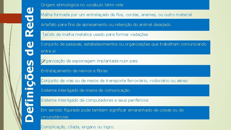 Definições de Rede Origem etimológica no vocábulo latim rete Malha formada por um entrelaçado Definições de Rede Origem etimológica no vocábulo latim rete Malha formada por um entrelaçado