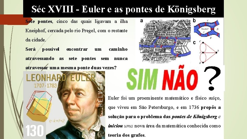 Séc XVIII - Euler e as pontes de Königsberg Sete pontes, cinco das quais Séc XVIII - Euler e as pontes de Königsberg Sete pontes, cinco das quais