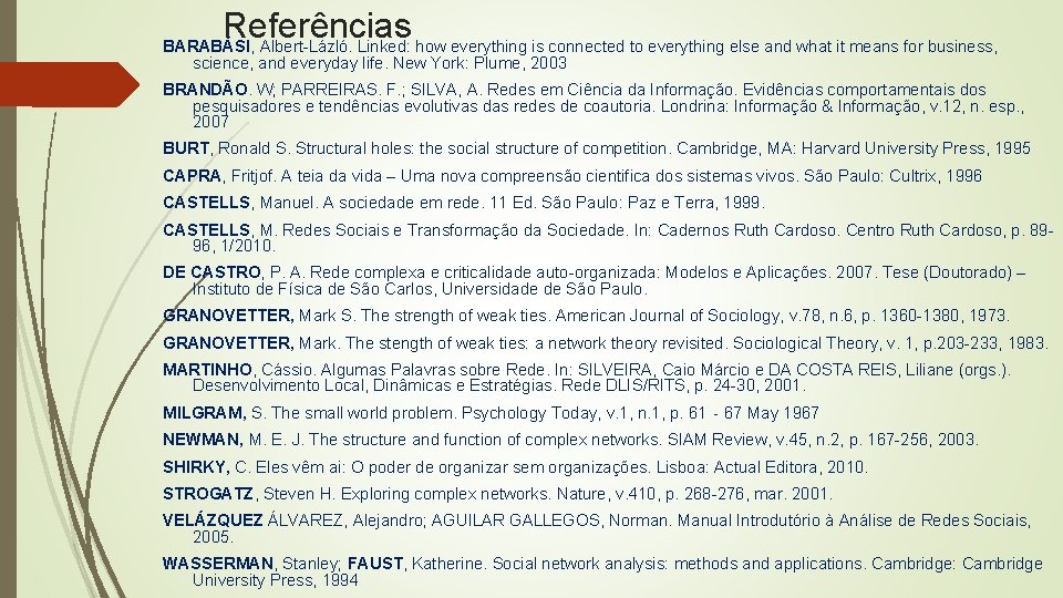 Referências BARABÁSI, Albert-Lázló. Linked: how everything is connected to everything else and what it Referências BARABÁSI, Albert-Lázló. Linked: how everything is connected to everything else and what it