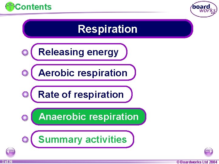 Contents Respiration Releasing energy Aerobic respiration Rate of respiration Anaerobic respiration Summary activities 1