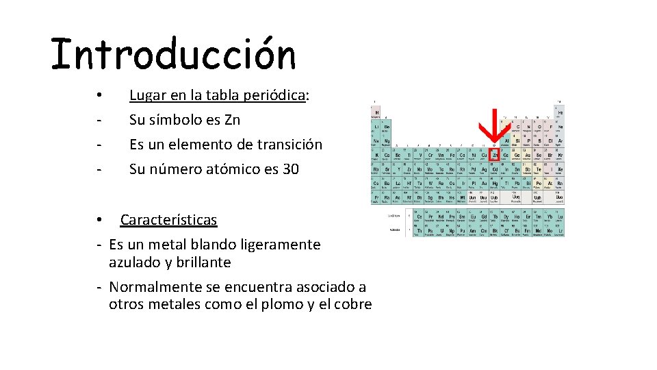 Introducción • - Lugar en la tabla periódica: Su símbolo es Zn Es un