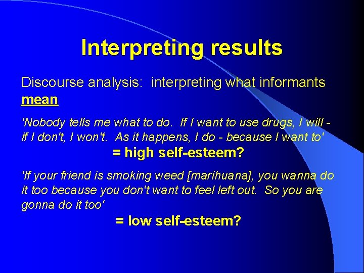 Interpreting results Discourse analysis: interpreting what informants mean 'Nobody tells me what to do.
