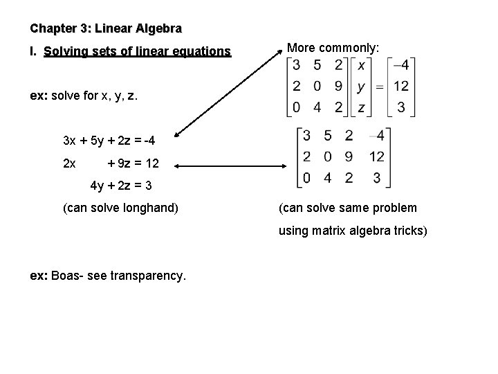 Chapter 3: Linear Algebra I. Solving sets of linear equations More commonly: ex: solve