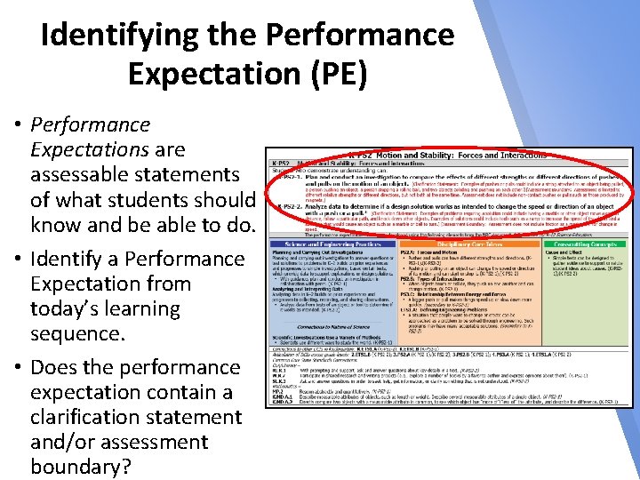 Identifying the Performance Expectation (PE) • Performance Expectations are assessable statements of what students