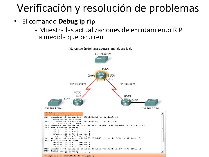 Verificación y resolución de problemas • El comando Debug ip rip - Muestra las