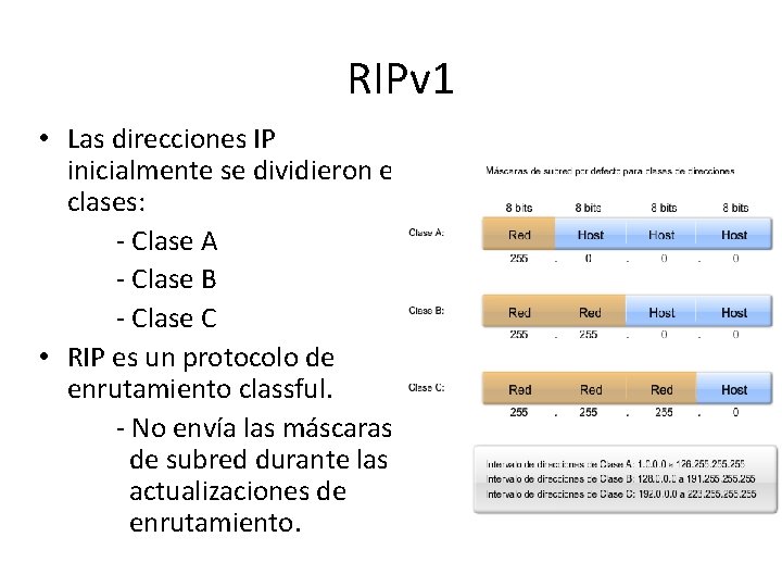 RIPv 1 • Las direcciones IP inicialmente se dividieron en clases: - Clase A