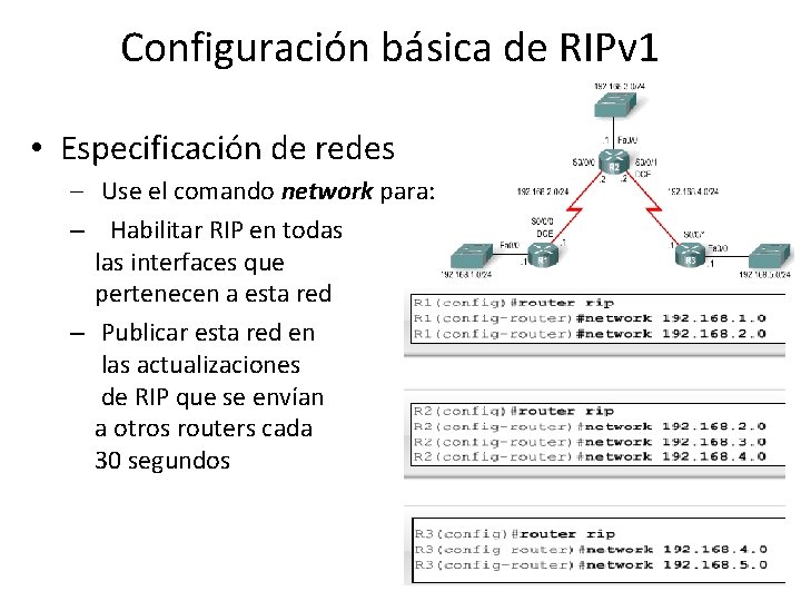 Configuración básica de RIPv 1 • Especificación de redes – Use el comando network