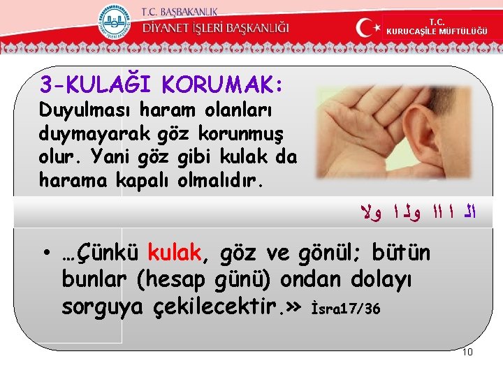 T. C. KURUCAŞİLE MÜFTÜLÜĞÜ 3 -KULAĞI KORUMAK: Duyulması haram olanları duymayarak göz korunmuş olur. T. C. KURUCAŞİLE MÜFTÜLÜĞÜ 3 -KULAĞI KORUMAK: Duyulması haram olanları duymayarak göz korunmuş olur.