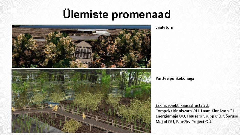 Ülemiste promenaad vaatetorn Puittee puhkekohaga Eskiisprojekti kaasrahastajad: Compakt Kinnisvara OÜ, Laam Kinnivara OÜ, Energiamaja