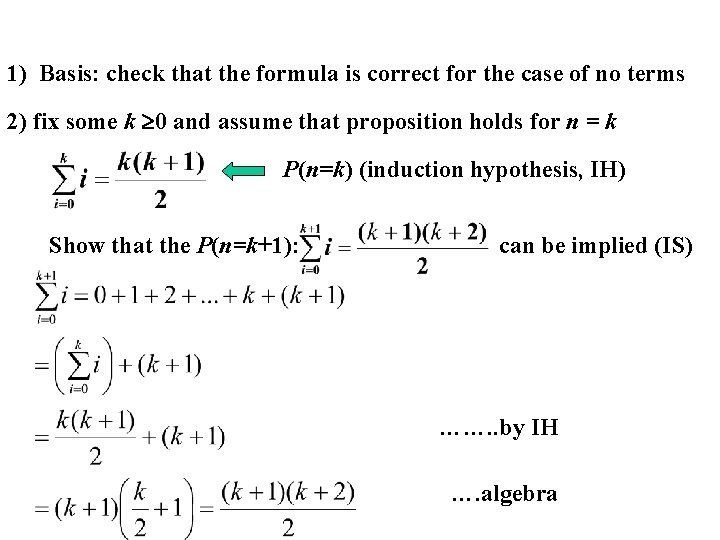 1) Basis: check that the formula is correct for the case of no terms