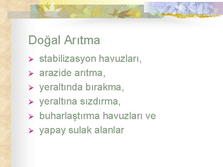 Doğal Arıtma Ø Ø Ø stabilizasyon havuzları, arazide arıtma, yeraltında bırakma, yeraltına sızdırma, buharlaştırma