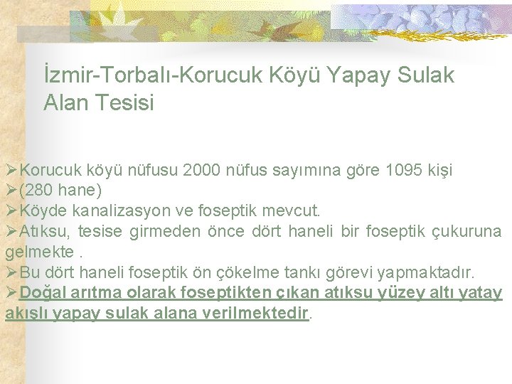 İzmir-Torbalı-Korucuk Köyü Yapay Sulak Alan Tesisi ØKorucuk köyü nüfusu 2000 nüfus sayımına göre 1095