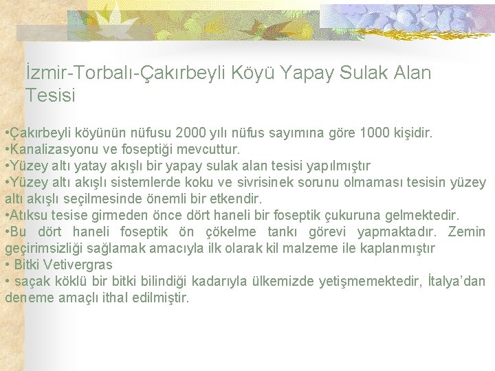 İzmir-Torbalı-Çakırbeyli Köyü Yapay Sulak Alan Tesisi • Çakırbeyli köyünün nüfusu 2000 yılı nüfus sayımına