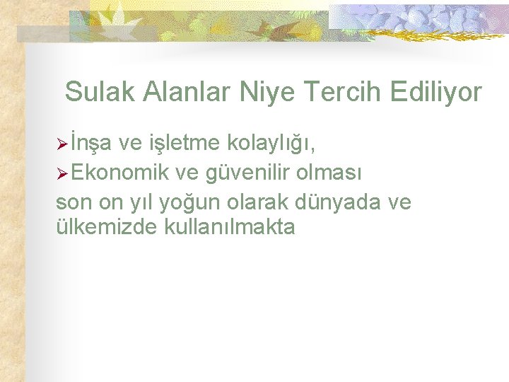 Sulak Alanlar Niye Tercih Ediliyor Øİnşa ve işletme kolaylığı, ØEkonomik ve güvenilir olması son