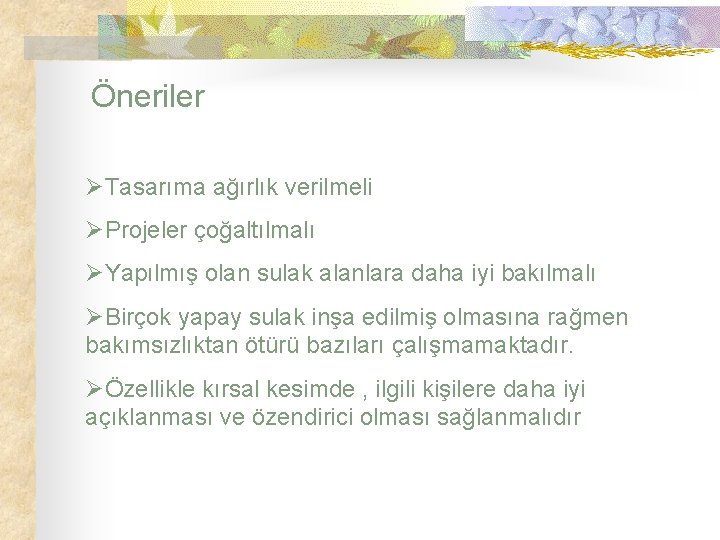 Öneriler ØTasarıma ağırlık verilmeli ØProjeler çoğaltılmalı ØYapılmış olan sulak alanlara daha iyi bakılmalı ØBirçok