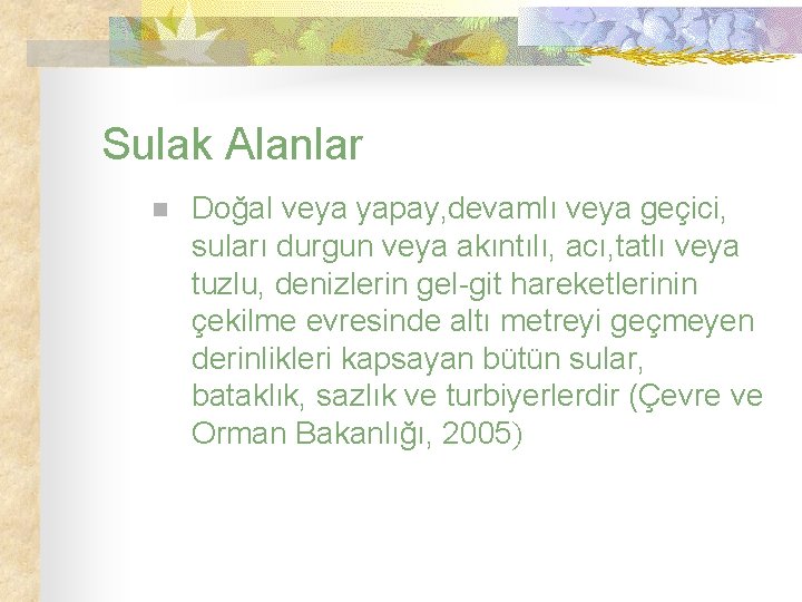 Sulak Alanlar n Doğal veya yapay, devamlı veya geçici, suları durgun veya akıntılı, acı,