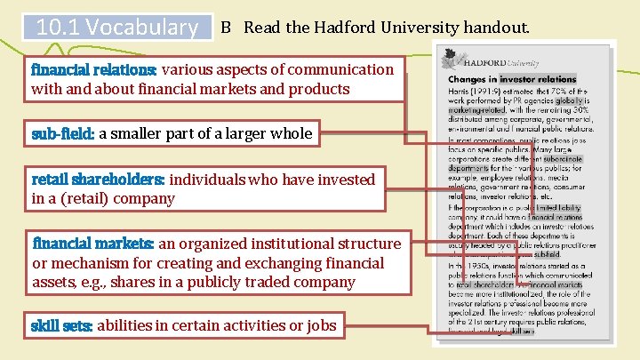 10. 1 Vocabulary B Read the Hadford University handout. financial relations: various aspects of 10. 1 Vocabulary B Read the Hadford University handout. financial relations: various aspects of