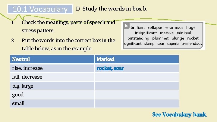 10. 1 Vocabulary D Study the words in box b. 1 Check the meanings, 10. 1 Vocabulary D Study the words in box b. 1 Check the meanings,