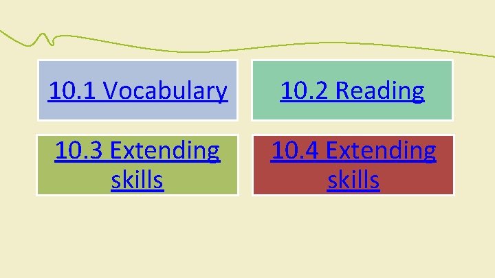 10. 1 Vocabulary 10. 2 Reading 10. 3 Extending skills 10. 4 Extending skills 10. 1 Vocabulary 10. 2 Reading 10. 3 Extending skills 10. 4 Extending skills