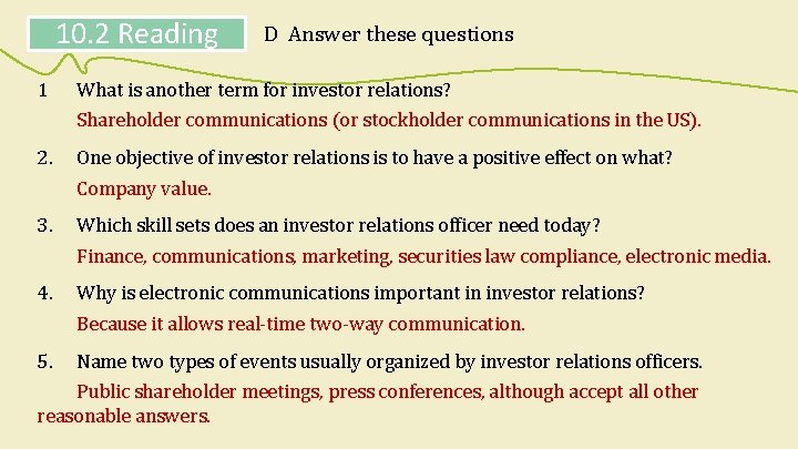 10. 2 Reading 1 D Answer these questions What is another term for investor 10. 2 Reading 1 D Answer these questions What is another term for investor