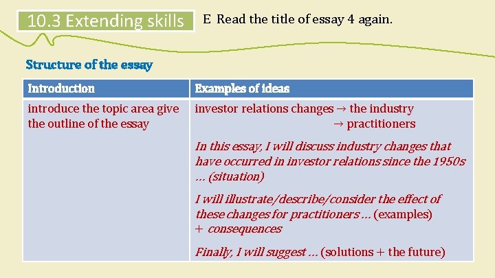 10. 3 Extending skills E Read the title of essay 4 again. Structure of 10. 3 Extending skills E Read the title of essay 4 again. Structure of