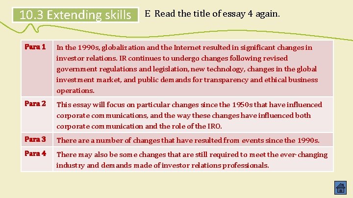 10. 3 Extending skills E Read the title of essay 4 again. Para 1 10. 3 Extending skills E Read the title of essay 4 again. Para 1
