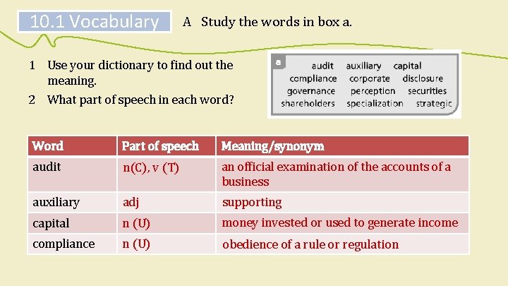 10. 1 Vocabulary A Study the words in box a. 1 Use your dictionary 10. 1 Vocabulary A Study the words in box a. 1 Use your dictionary