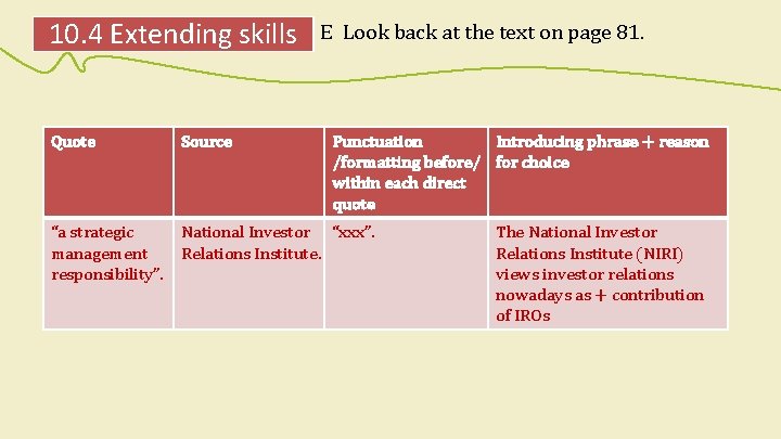 10. 4 Extending skills E Look back at the text on page 81. Quote 10. 4 Extending skills E Look back at the text on page 81. Quote