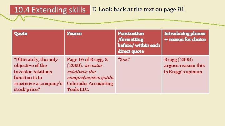 10. 4 Extending skills E Look back at the text on page 81. Quote 10. 4 Extending skills E Look back at the text on page 81. Quote