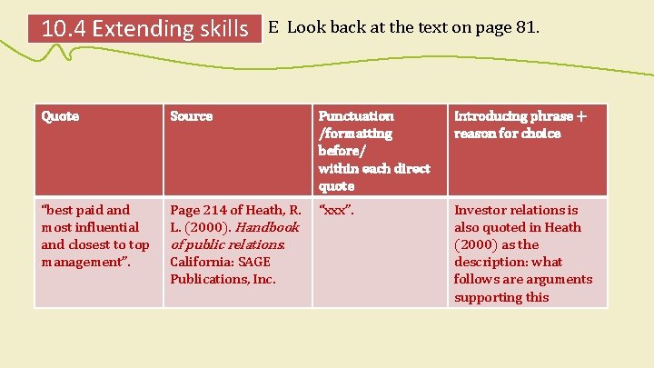 10. 4 Extending skills E Look back at the text on page 81. Quote 10. 4 Extending skills E Look back at the text on page 81. Quote