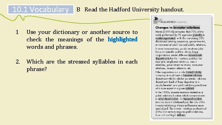 10. 1 Vocabulary 1 B Read the Hadford University handout. Use your dictionary or 10. 1 Vocabulary 1 B Read the Hadford University handout. Use your dictionary or