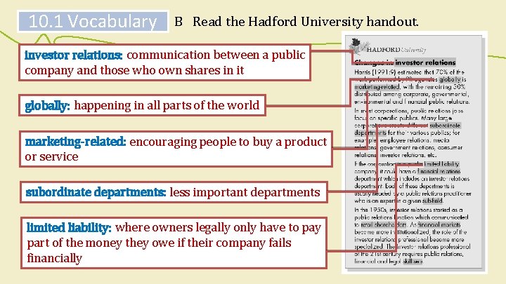 10. 1 Vocabulary B Read the Hadford University handout. investor relations: communication between a 10. 1 Vocabulary B Read the Hadford University handout. investor relations: communication between a