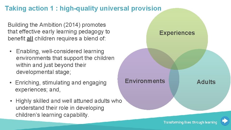 Taking action 1 : high-quality universal provision Building the Ambition (2014) promotes that effective