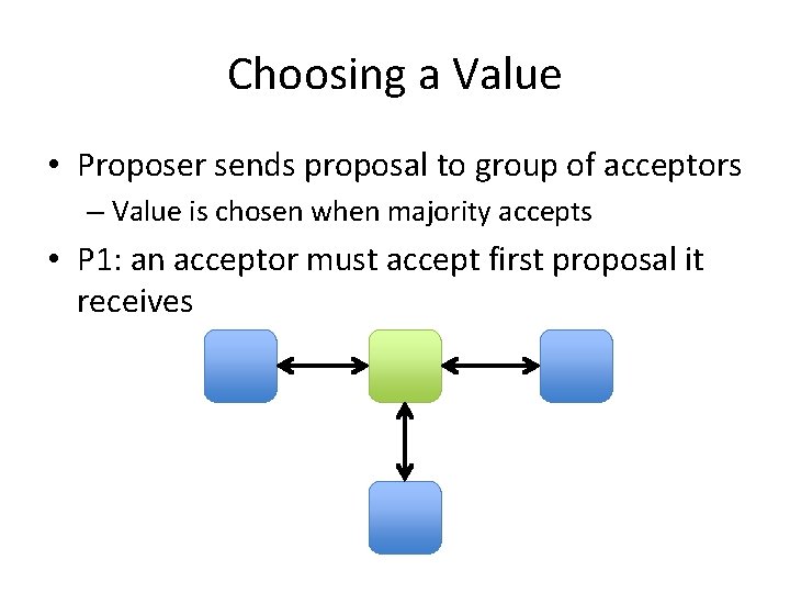 Choosing a Value • Proposer sends proposal to group of acceptors – Value is