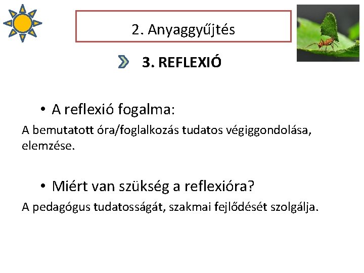 2. Anyaggyűjtés 3. REFLEXIÓ • A reflexió fogalma: A bemutatott óra/foglalkozás tudatos végiggondolása, elemzése.