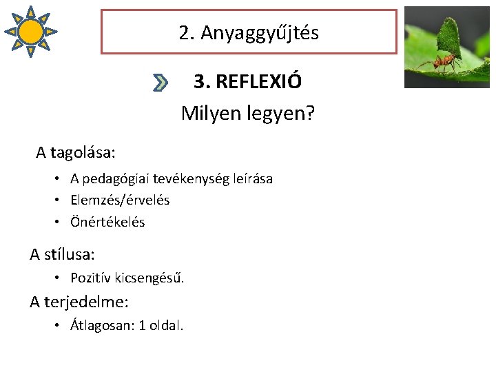 2. Anyaggyűjtés 3. REFLEXIÓ Milyen legyen? A tagolása: • A pedagógiai tevékenység leírása •