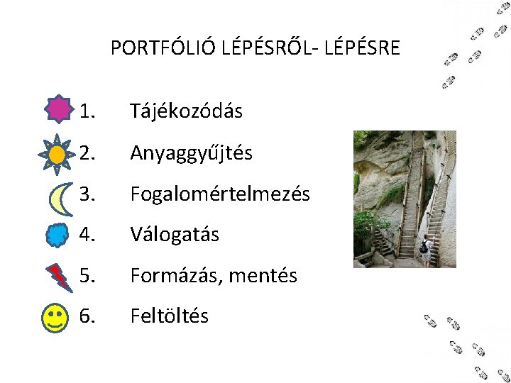PORTFÓLIÓ LÉPÉSRŐL- LÉPÉSRE 1. Tájékozódás 2. Anyaggyűjtés 3. Fogalomértelmezés 4. Válogatás 5. Formázás, mentés PORTFÓLIÓ LÉPÉSRŐL- LÉPÉSRE 1. Tájékozódás 2. Anyaggyűjtés 3. Fogalomértelmezés 4. Válogatás 5. Formázás, mentés