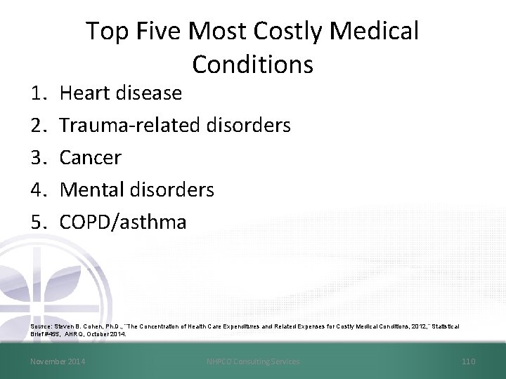 1. 2. 3. 4. 5. Top Five Most Costly Medical Conditions Heart disease Trauma-related