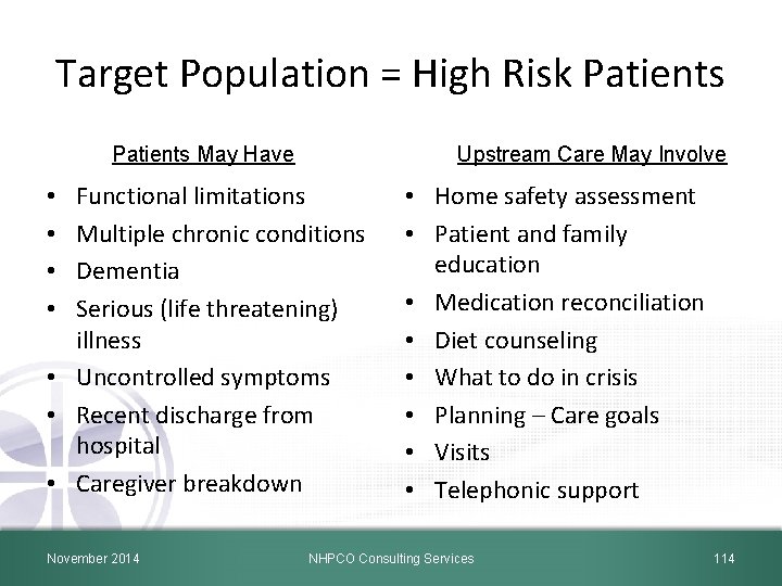 Target Population = High Risk Patients May Have Upstream Care May Involve Functional limitations