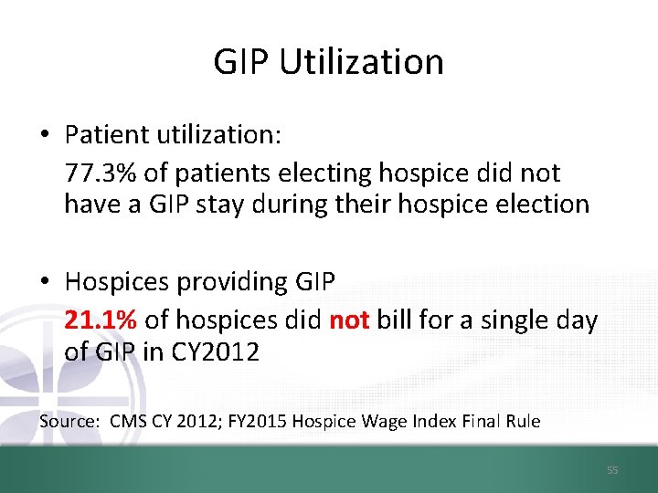 GIP Utilization • Patient utilization: 77. 3% of patients electing hospice did not have