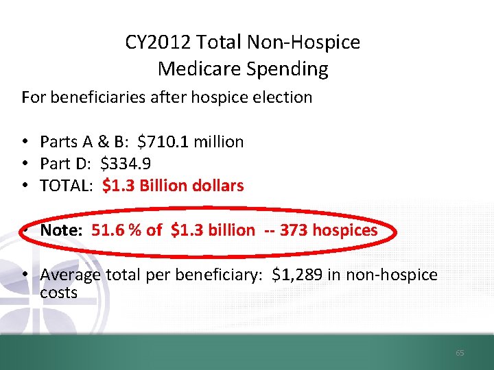 CY 2012 Total Non-Hospice Medicare Spending For beneficiaries after hospice election • Parts A
