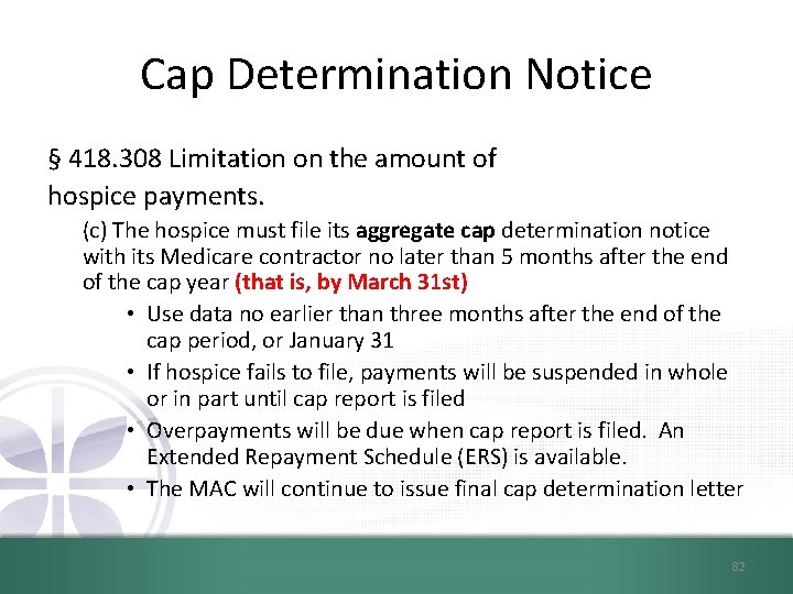 Cap Determination Notice § 418. 308 Limitation on the amount of hospice payments. (c)