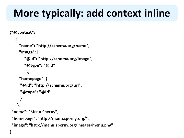 More typically: add context inline {"@context": { "name": "http: //schema. org/name", "image": { "@id":