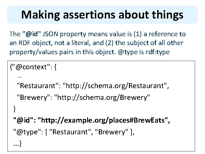 Making assertions about things The "@id" JSON property means value is (1) a reference