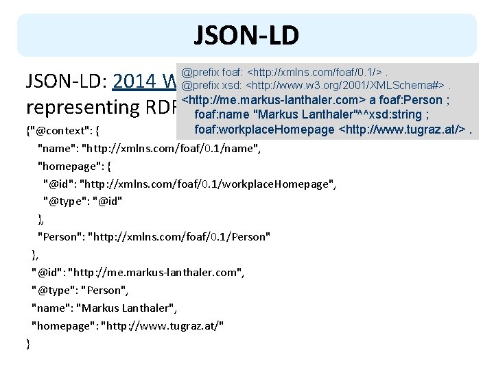 JSON-LD @prefix foaf: <http: //xmlns. com/foaf/0. 1/>. @prefix xsd: <http: //www. w 3. org/2001/XMLSchema#>.