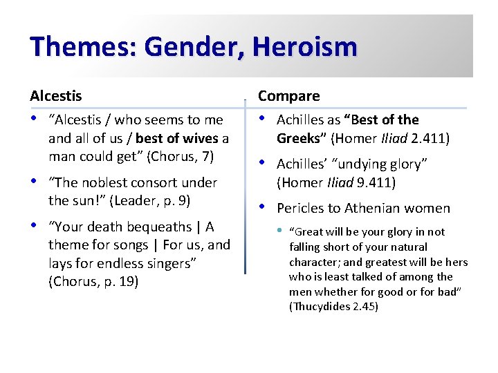 Themes: Gender, Heroism Alcestis Compare • • Achilles as “Best of the Greeks” (Homer