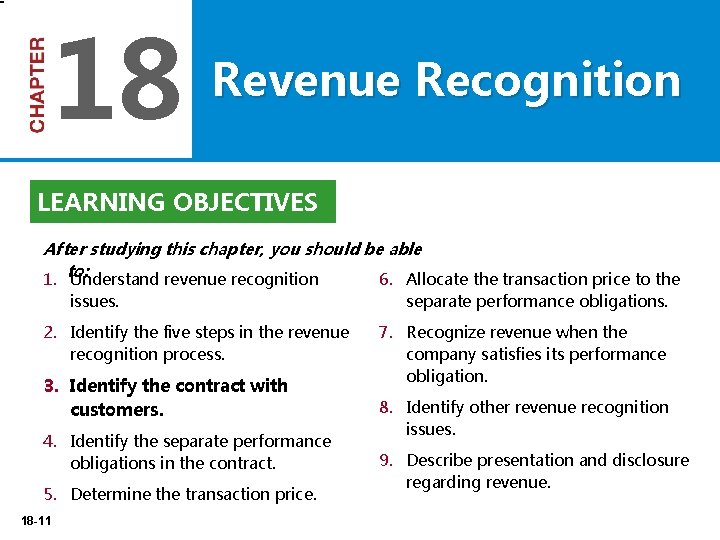 18 Revenue Recognition LEARNING OBJECTIVES After studying this chapter, you should be able 1.